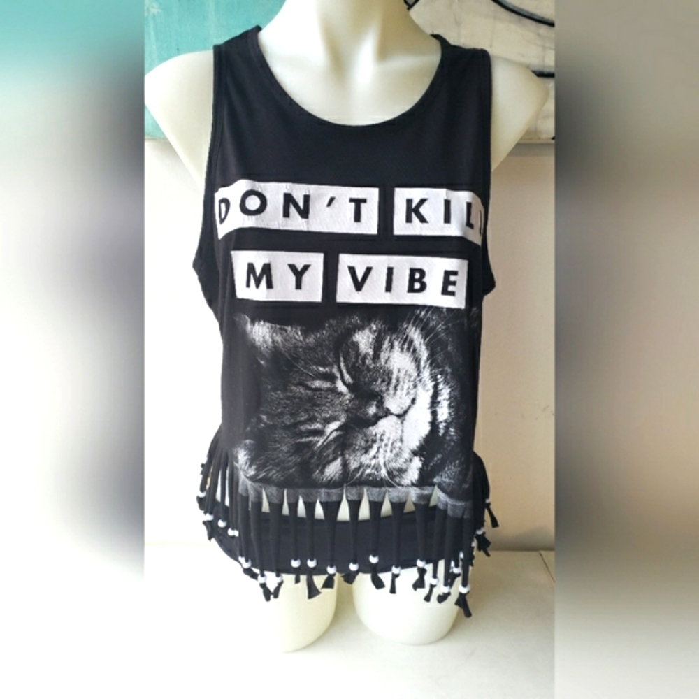 Kitty Cat 1980s custom hand made fringe tassel beaded tank top